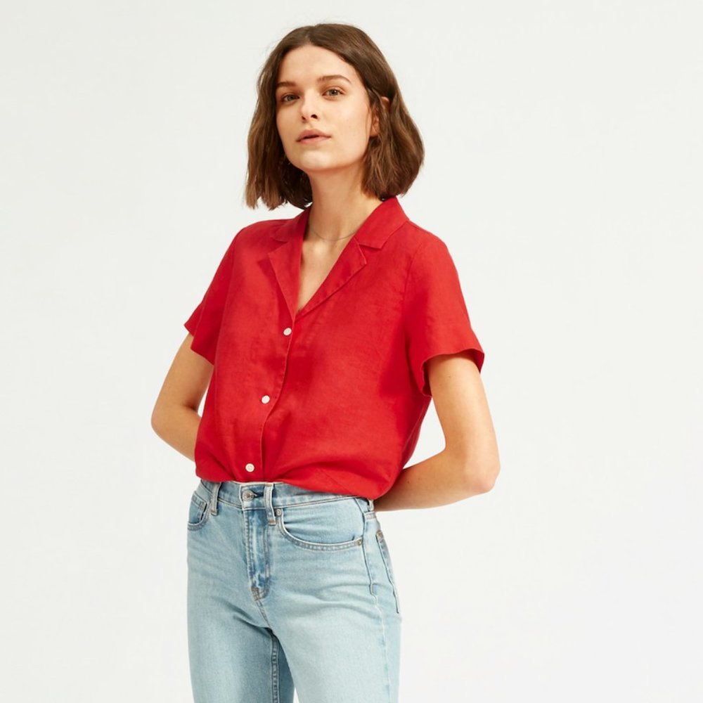 Everlane Linen Short-Sleeve Notch Shirt Tomato